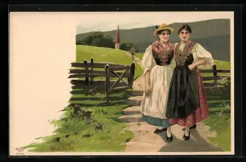 Künstler-Lithographie Alfred Mailick: zwei Freundinnen in Tracht