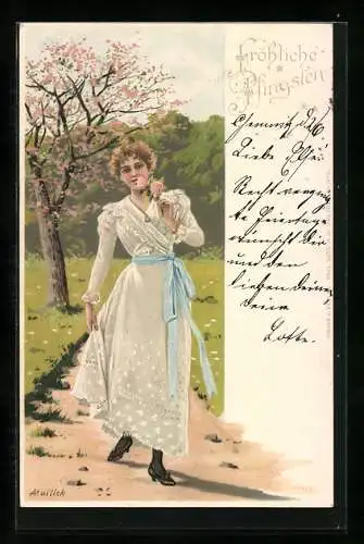 Künstler-AK Alfred Mailick: Pfingst-Spaziergang der schönen Frau mit Rose