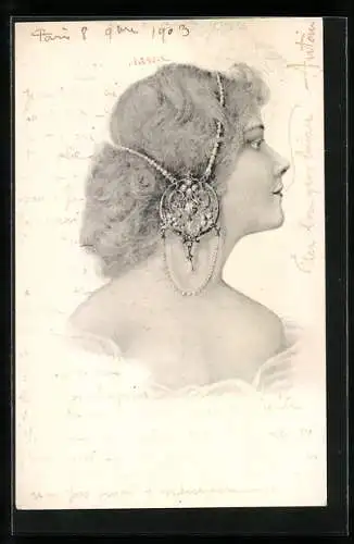 Künstler-AK Dame mit Ohrschmuck im Jugendstil