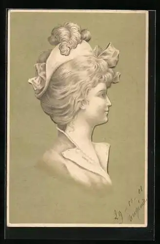 AK Seitenportrait einer Dame mit Lockenfrisur, Jugendstil