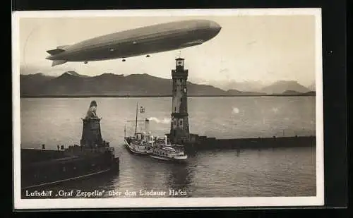 AK Lindau, Luftschiff LZ 127 Graf Zeppelin über dem Lindauer Hafen, Ausfahrt eines Seitenraddampfers