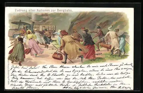 Lithographie Zudrang aller Nationen zur Bergbahn, Leute rennen der Bergbahn entgegen