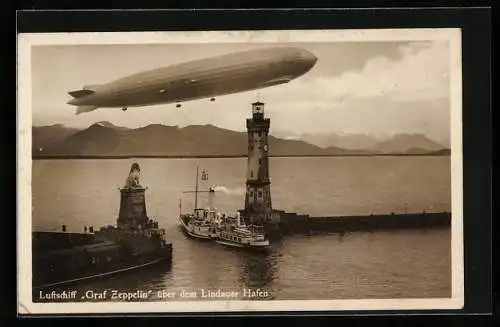 AK Lindau, Luftschiff LZ 127 Graf Zeppelin über dem Hafen, Dampfer