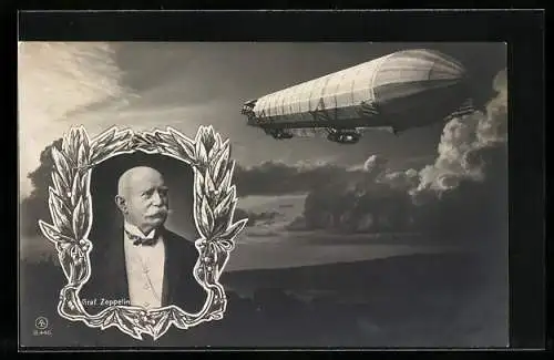 AK Portrait von Graf Zeppelin, Luftschiff im Flug