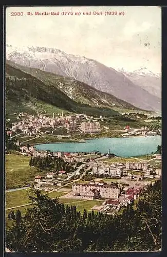 AK St. Moritz, Bad, Dorf, Ortsansicht aus der Vogelschau