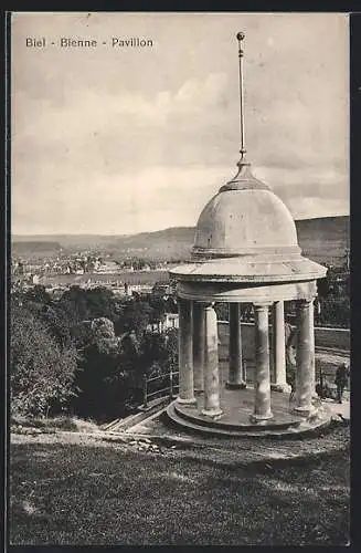 AK Biel, Pavillon, Ortsansicht aus der Vogelschau