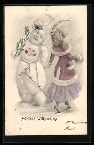 AK Dame tanzt mit Schneemann, Fröhliche Weihnachten