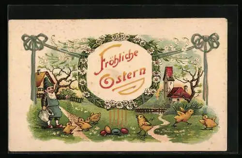 AK Zwerg füttert Küken, Fröhliche Ostern