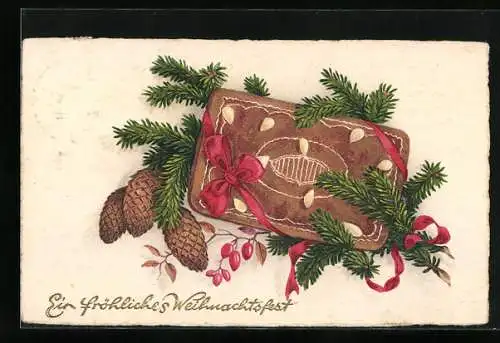 AK Fröhliche Weihnachten, Lebkuchen mit Tannenzweig