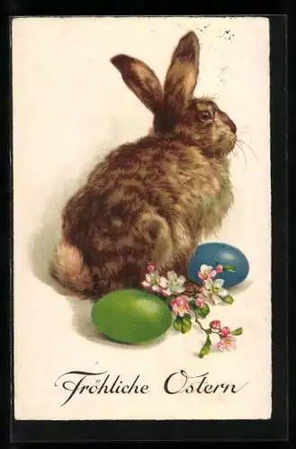 AK Osterhase mit Ostereiern und blühendem Zweig