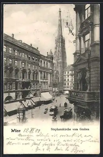 AK Wien, Stephanskirche vom Graben, Pferdebahn