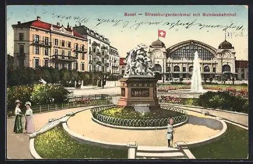 AK Basel, Strassburgerdenkmal mit dem Bundesbahnhof