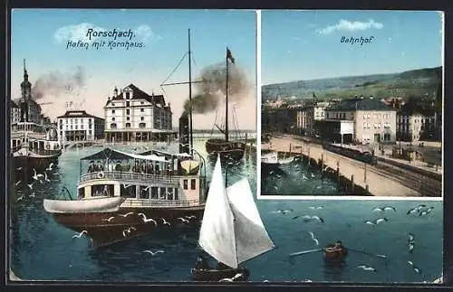 AK Rorschach, Bahnhof, Hafen mit Kornhaus