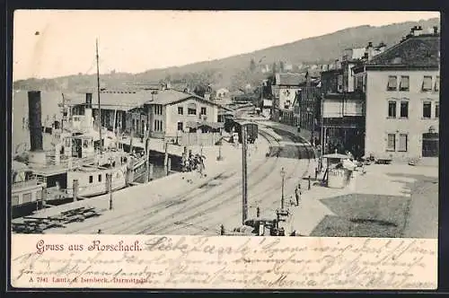 AK Rorschach, Bahnhof und Hafen mit Dampfer