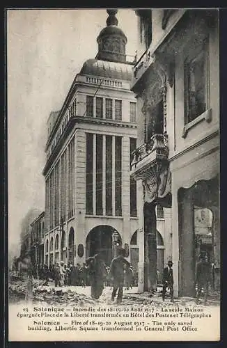AK Salonique, Incendie 1907, La seule Maison epargnet Place de la Liberte transformee en Hotel des Postes et Telegraphes