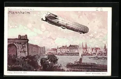 AK Mannheim, Zeppelin über der Stadt, Reklame Stollwerck Köln, Kakao