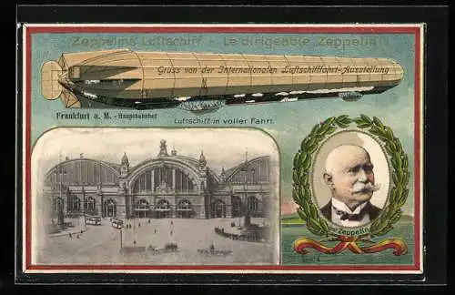 AK Frankfurt a. M., Internationale Luftschifffahrt-Ausstellung 1909, Hauptbahnhof, Zeppelin in voller Fahrt