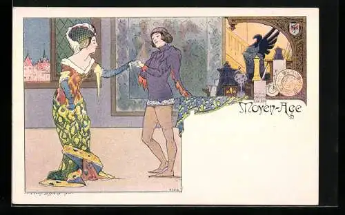 Künstler-AK sign. Louis Lessieux: Moyen-Age, Junger Mann küsst Dame die Hand, Jugendstil