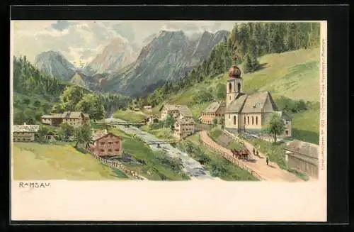 Künstler-AK Ramsau / Reichenhall, Gesamtansicht mit Kirche