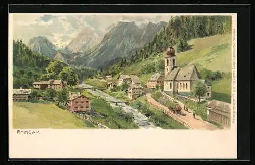 Künstler-AK Ramsau / Reichenhall, Gesamtansicht mit Kirche