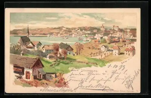 Künstler-AK Edward Harrison Compton: Starnberg, Ortsansicht mit Kirchen und Starnberger See