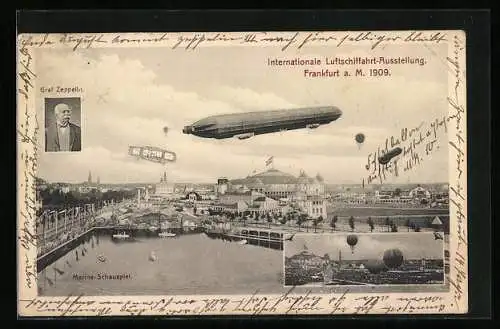 AK Frankfurt a. M., Internationale Luftschiffahrt-Ausstellung 1909, Graf Zeppelin, Zeppelin über dem Marine-Schauspiel