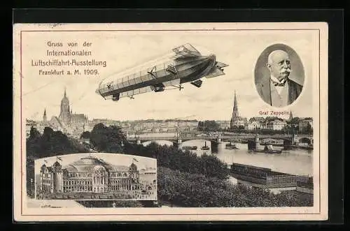 AK Frankfurt a. Main, Internationale Luftschiffahrt-Ausstellung 1909, Panorama, Zeppelin & Festgebäude