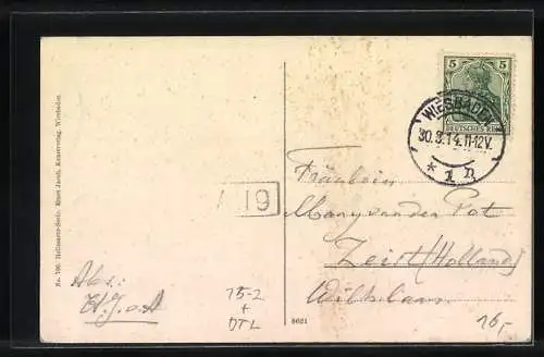 AK Wiesbaden, Totalansicht vom Feuerturm mit Zeppelin-Passagier-Luftkreuzer