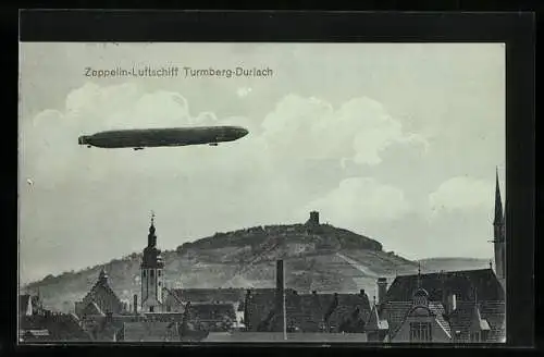 AK Durlach-Turmberg, Zeppelin-Luftschiff über dem Ort