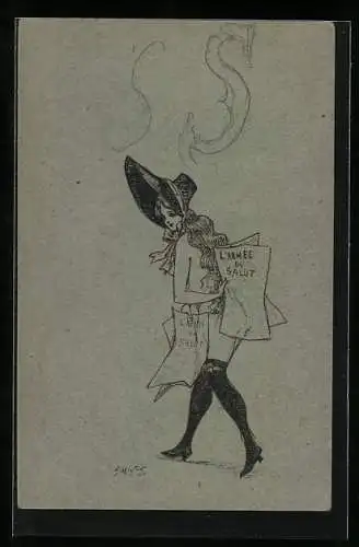 Künstler-AK Georges Mouton: Schöne Nackte in Strapsen bedeckt ihre Blösse mit Zeitungen