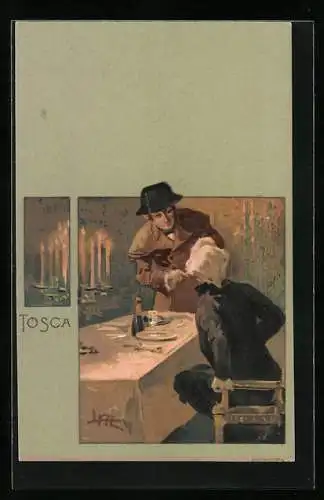 Künstler-AK sign. Leopold Metlicovitz: Tosca, Männer beim Abendessen