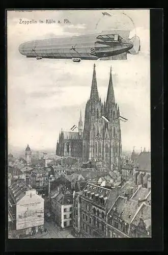 AK Köln a. Rh., Zeppelin über dem Dom