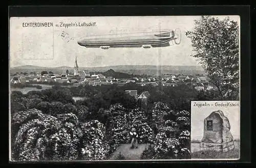 AK Echterdingen, Zeppelin`s Luftschiff über der Ortschaft, Zeppelin-Gedenkstein