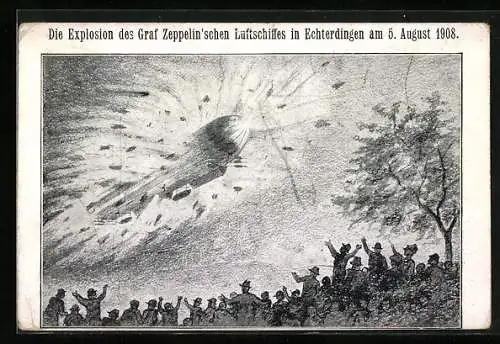 Künstler-AK Echterdingen, Die Explosion des Graf Zeppelin`schen Luftschiffes über der Ortschaft, 05.08.1908