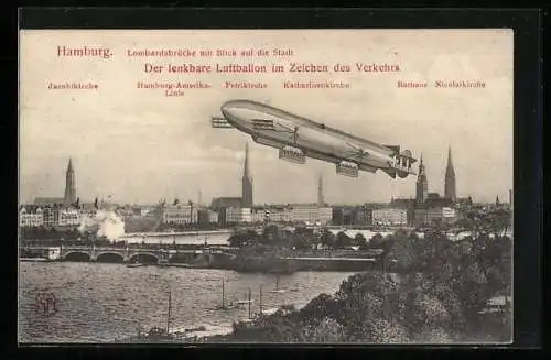 AK Hamburg, Zeppelin über der Lombardsbrücke mit Blick auf die Stadt mit Jacobikirche u. Rathaus