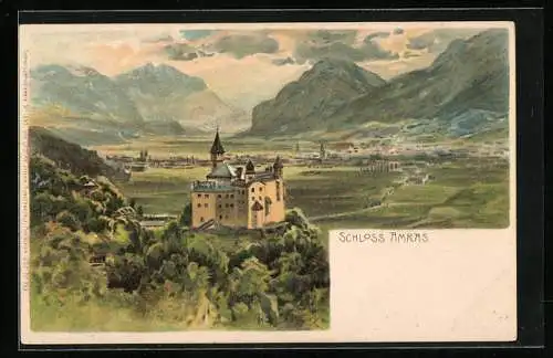 Lithographie Innsbruck, Schloss Amras und ins Tal