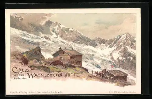 Künstler-AK Edward Theodore Compton: Warnsdorfer Hütte, Ortspartie mit Berghütte und Pferden