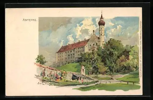 Künstler-AK Edward Theodore Compton: Andechs, Blick zur Kirche