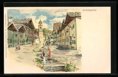 Künstler-AK Edward Theodore Compton: Mittenwald, Strassenpartie im Zentrum, Blick zur Kirche