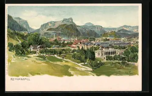 Künstler-AK Edward Theodore Compton: Bad Reichenhall, Teilansicht gegen die Alpen