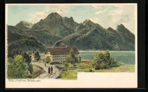 Lithographie Kochel am See, Hotel Neu-Joch Herzogstand, Heimgarten und Rötelstein