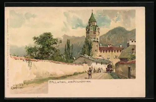 Künstler-Lithographie Edward Theodore Compton: Hall in Tirol, Münzerturm