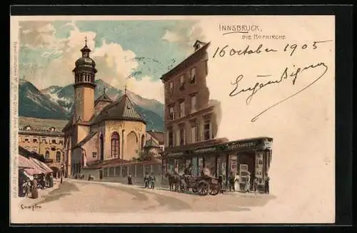 Künstler-AK Edward Theodore Compton: Innsbruck, Strassenpartie mit Hofkirche und Geschäften