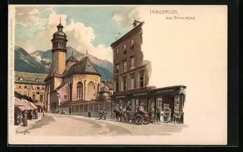 Künstler-AK Edward Theodore Compton: Innsbruck, Strassenpartie mit Hofkirche und Geschäften