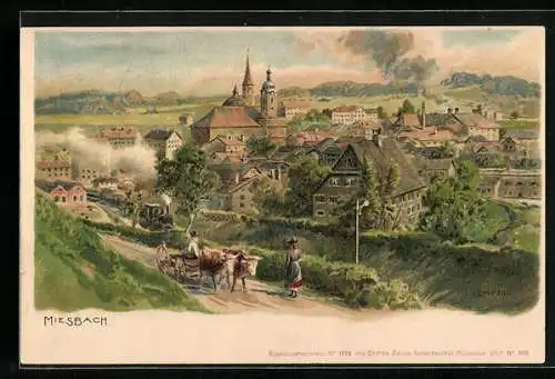 Künstler-Lithographie Edward Theodore Compton: Miesbach, Panorama