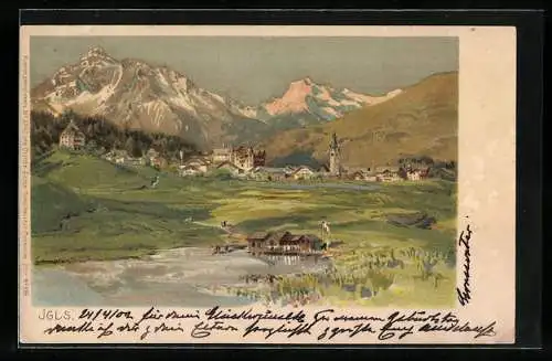 Künstler-AK Edward Theodore Compton: Igls, Ortsansicht mit Bergpanorama