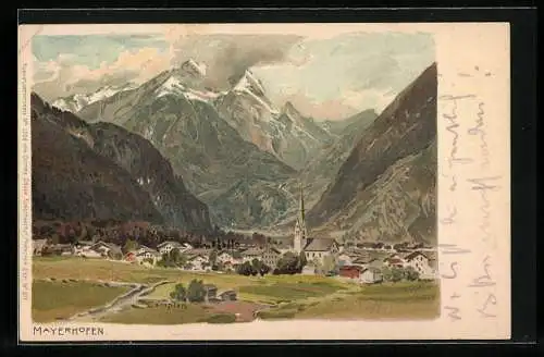 Künstler-AK Edward Theodore Compton: Mayrhofen, Ortsansicht gegen die Berge