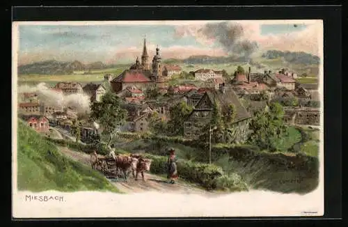 Künstler-Lithographie Edward Theodore Compton: Miesbach, Panorama