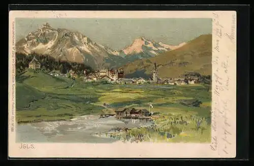 Künstler-AK Edward Theodore Compton: Igls, Ortsansicht mit Bergpanorama