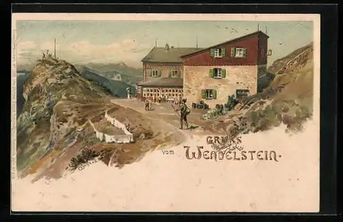 Künstler-AK Edward Theodore Compton: Wendelstein-Berghütte mit Wanderer